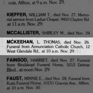 Obituary for L THOMAS MCKEEHAN