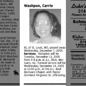Obituary for Carrie Washpun